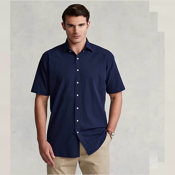Ralph Lauren Other - NWT Ralph Lauren Men 4XLT Tall SeerSucker Shirt Navy Blue Short Sleeve Button Up